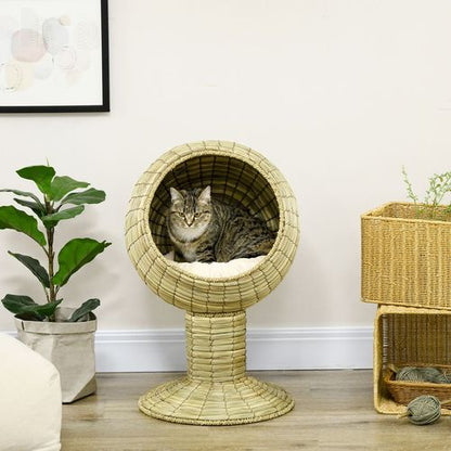 PawHut Raised Cat House with Detachable Basket & Cushion - Natural Grass Mat, 41 x 69cm, Yellow