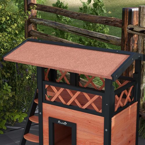 PawHut Outdoor Cat House with Balcony, Stairs & Roof - Brown