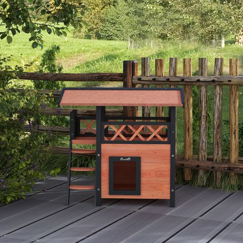 PawHut Outdoor Cat House with Balcony, Stairs & Roof - Brown