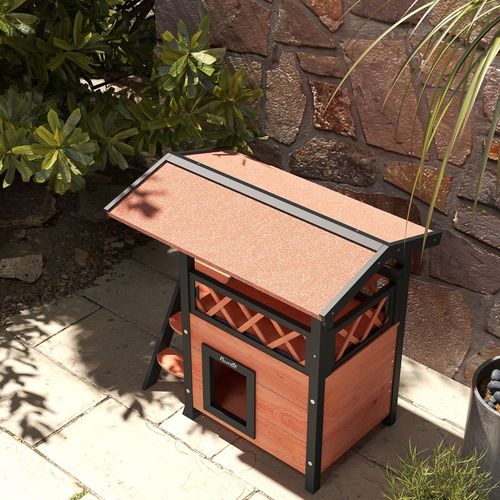 PawHut Outdoor Cat House with Balcony, Stairs & Roof - Brown