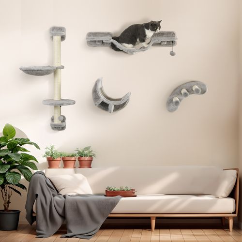 PawHut 4-Piece Wall-Mounted Cat Furniture Set with Hammock, Ladder & Platforms - Grey