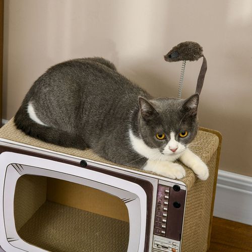 PawHut TV-Shaped Cat House with Scratching Board, Catnip & Toy Mouse - Multi-Coloured