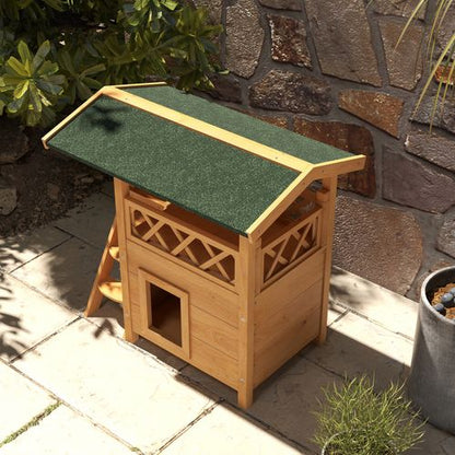 PawHut Outdoor Cat House with Balcony, Stairs & Roof - Natural Wood Finish