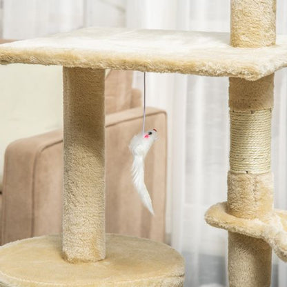 PawHut 131cm Cat Tree Activity Centre with House, Hammock, & Scratching Posts - Beige