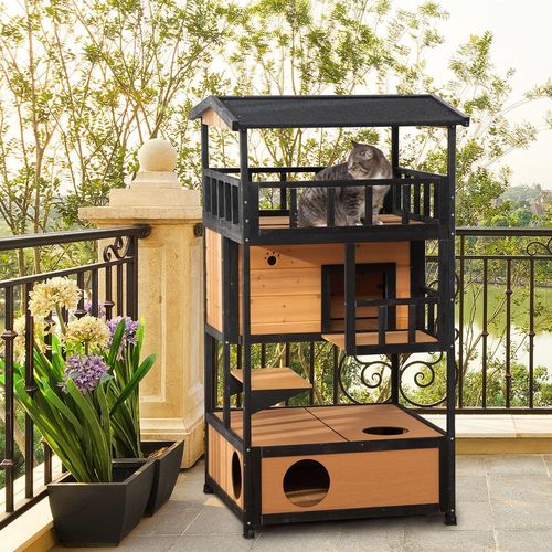 PawHut Wooden 3-Tier Outdoor Cat House with Tilted Roof - Yellow