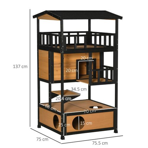 PawHut Wooden 3-Tier Outdoor Cat House with Tilted Roof - Yellow