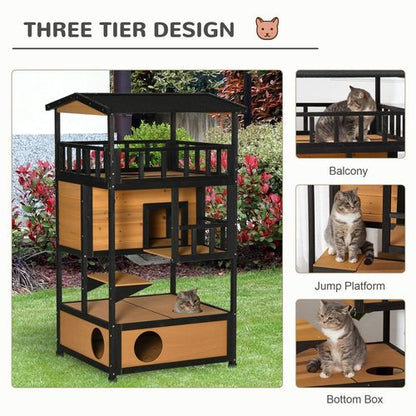 PawHut Wooden 3-Tier Outdoor Cat House with Tilted Roof - Yellow