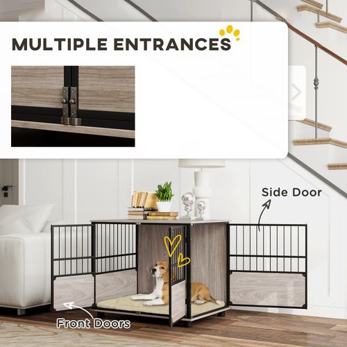 PawHut 80cm Dog Crate Furniture with Cushion & Doors - Side Table Design, Walnut Finish