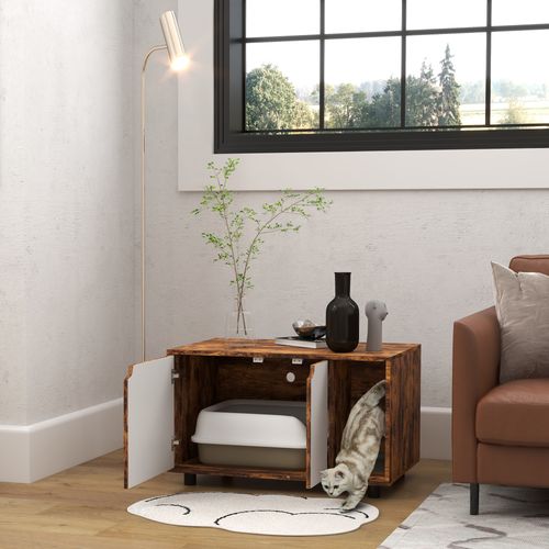 PawHut Stylish, Moder Hidden Cat Litter Box Cupboard with Sand Drain Pad - Rustic Brown & White