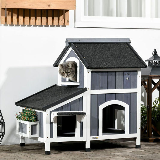 PawHut Wooden Outdoor Cat House with Flower Pot, Window & Multiple Entrances - Grey