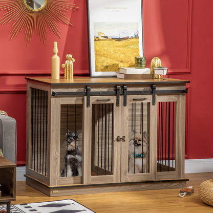 PawHut Dog Crate Furniture - Large Dog Cage with Divider & Side Table, Oak Tone