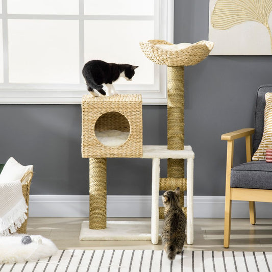 PawHut Cat Tree with Scratching Posts, Bed & House - Natural Finish