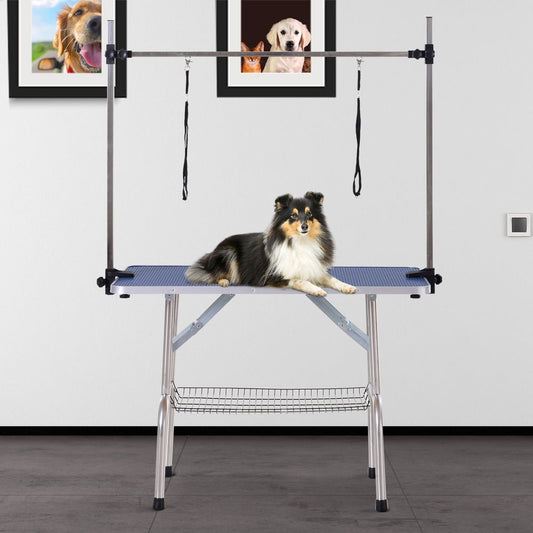 PawHut Adjustable Metal Dog Grooming Table with Non-Slip Rubber Top, Safety Slings & Mesh Tray, Blue