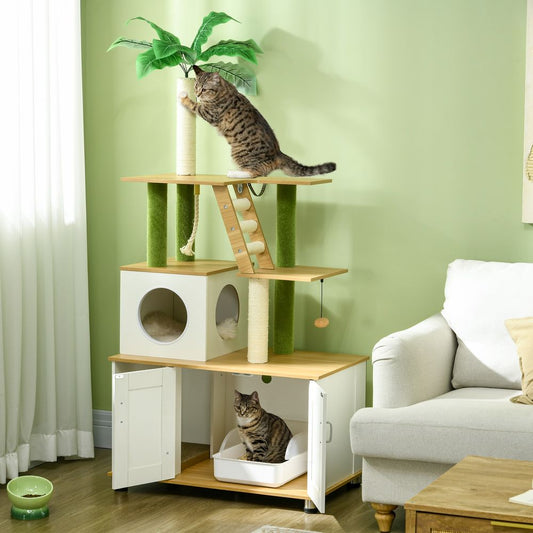 PawHut 2-in-1 Hidden Litter Box and Cat Tree with Green Leaf Design, Indoor Cat Enclosure, Oak Finish