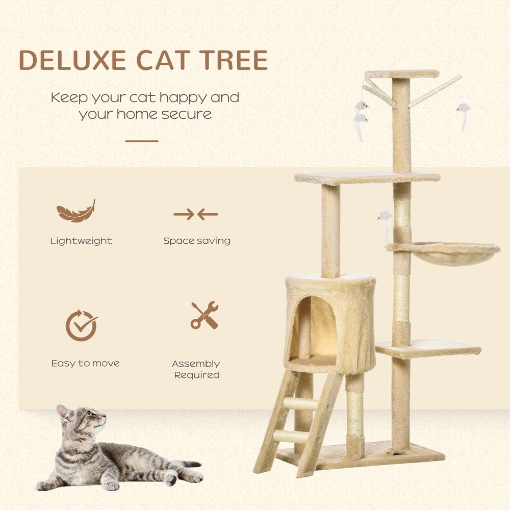 PawHut 131cm Cat Tree Activity Centre with House, Hammock, & Scratching Posts - Beige