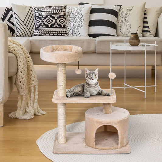 PawHut 81cm 3-Tier Cat Tree Activity Centre with Scratching Post, Hideaway House & Play Balls