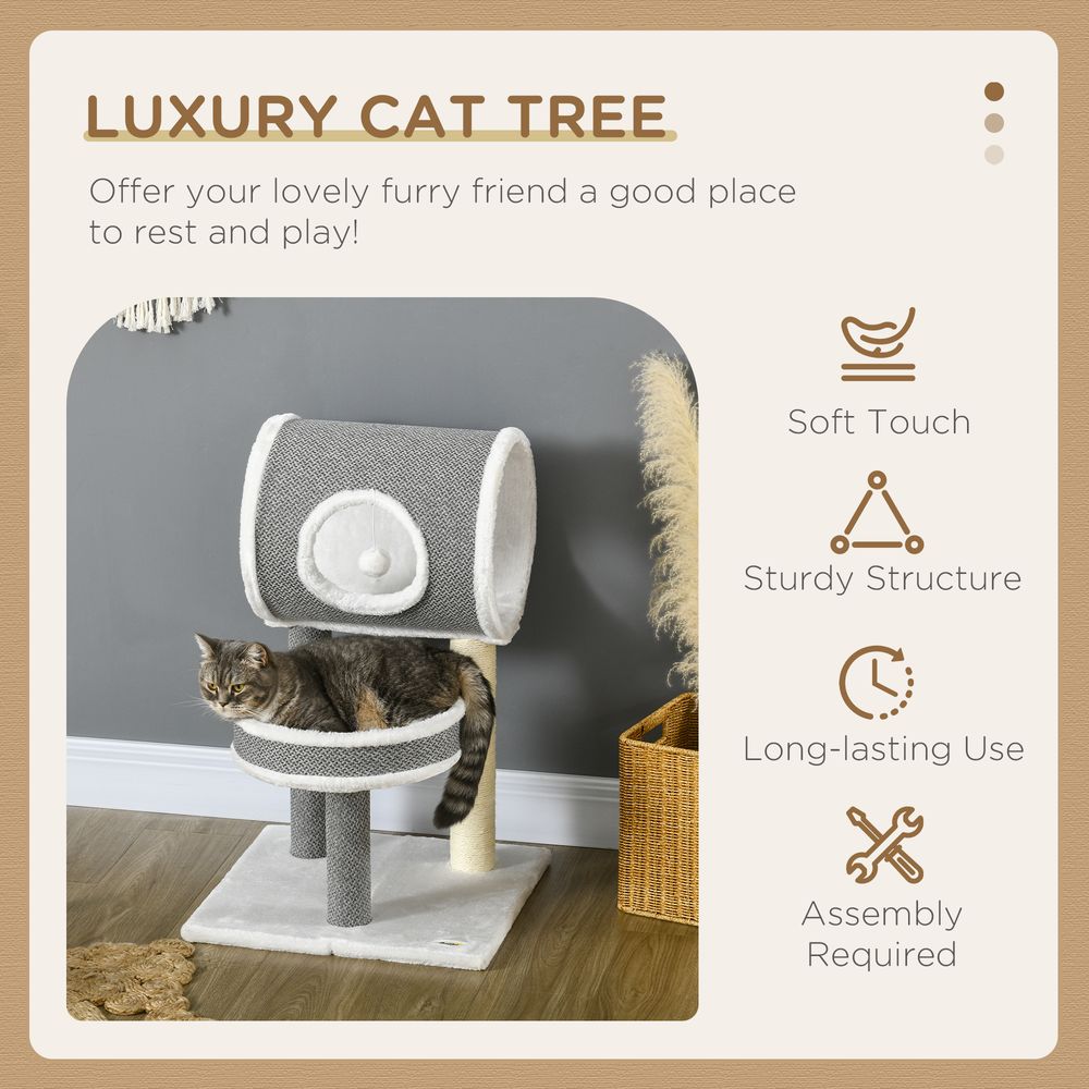 PawHut Cat Tower with Scratching Post, Cat Bed, Tunnel & Toy Ball - White