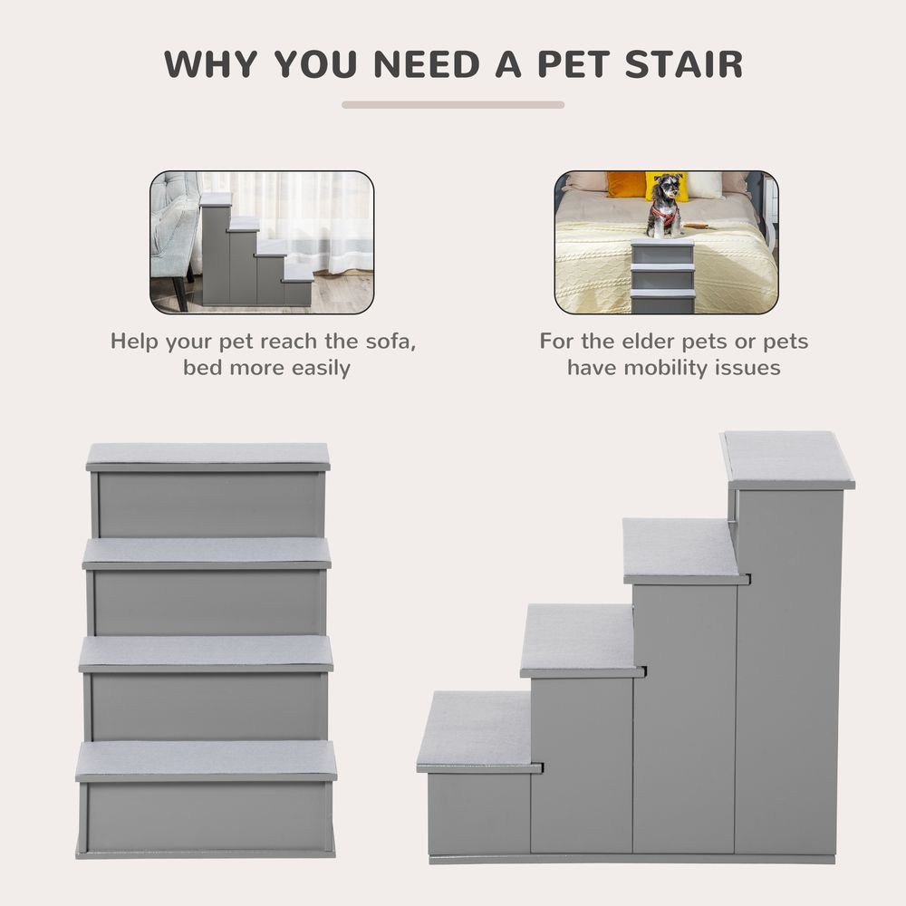 PawHut 4-Step Wooden Pet Stairs with Cushioned Steps - Grey