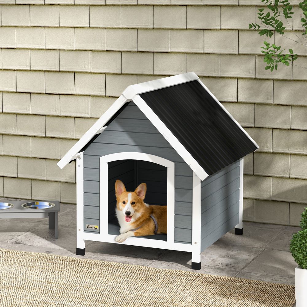 PawHut Outdoor Dog Kennel - Raised Wooden Dog House with Removable Floor, Grey