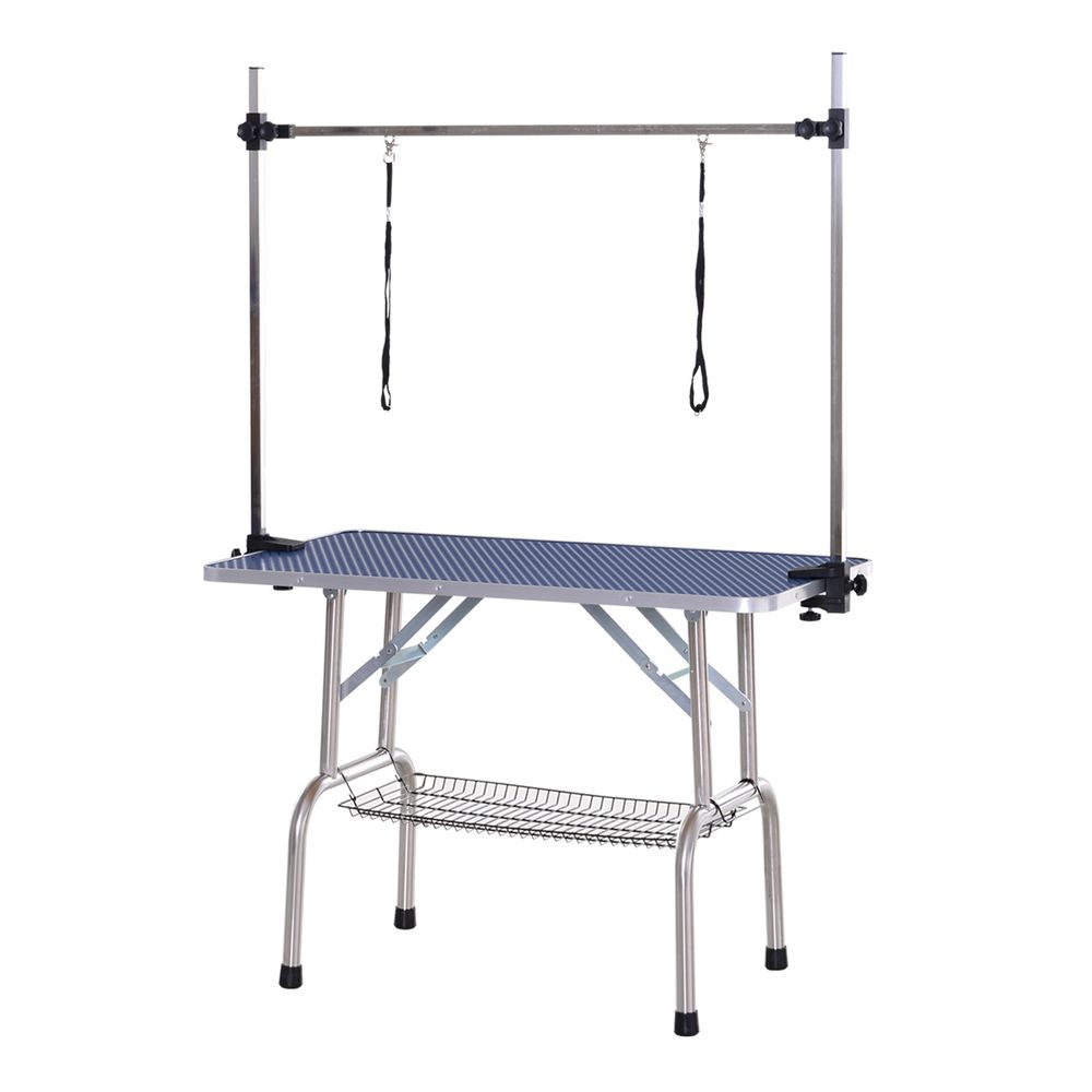 PawHut Adjustable Metal Dog Grooming Table with Non-Slip Rubber Top, Safety Slings & Mesh Tray, Blue