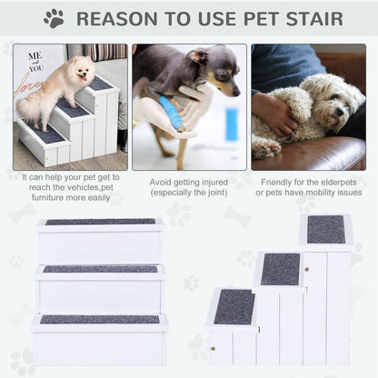 PawHut 3-Step Wooden Pet Stairs with Storage - Cat & Dog Ladder for Beds & Sofas, White