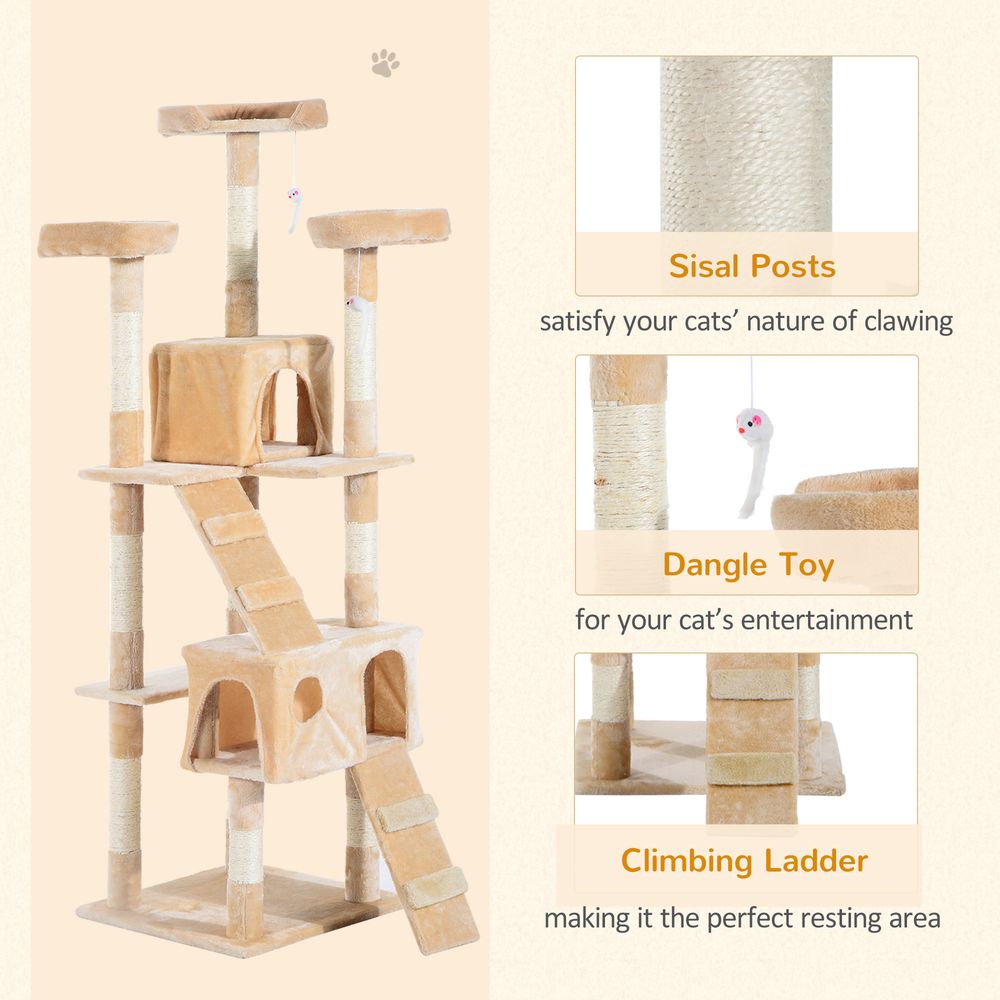 PawHut 170cm Multi-Level Cat Tree with Scratching Posts, Houses, & Toys - Cream