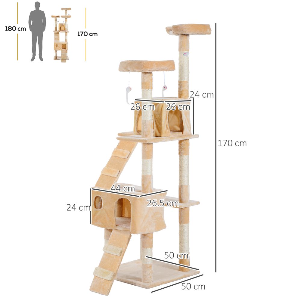 PawHut 170cm Multi-Level Cat Tree with Scratching Posts, Houses, & Toys - Cream