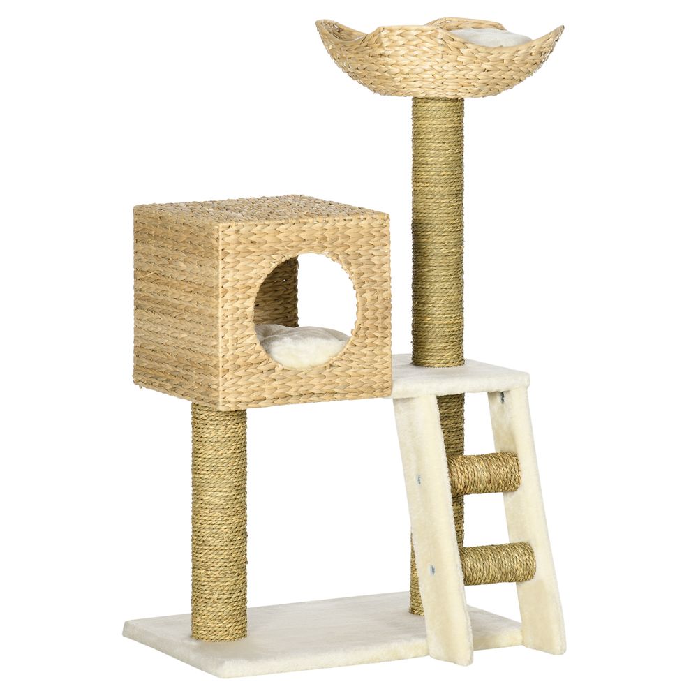 PawHut Cat Tree with Scratching Posts, Bed & House - Natural Finish