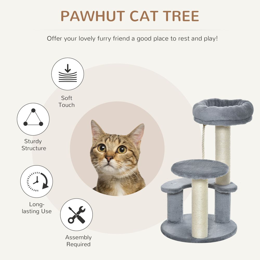 PawHut Cat Tree Scratcher with 2 Perches, Scratching Posts & Hanging Sisal Rope – Grey