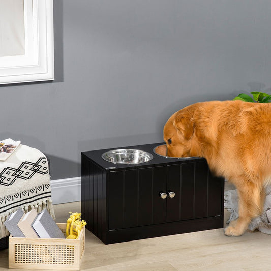 PawHut Raised Dog Bowls for Large Dogs - Feeding Station Stand with Storage Cabinet, Black