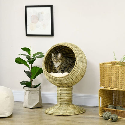 PawHut Raised Cat House with Detachable Basket & Cushion - Natural Grass Mat, 41 x 69cm, Yellow