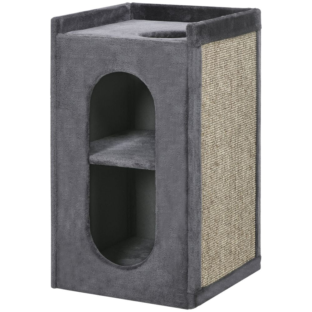 PawHut 81cm Cat Scratching Barrel with Two Cat Houses for Indoor Cats - Grey