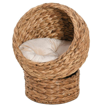 PawHut Wicker Cat House - Raised Cat Bed with Cylindrical Base & Washable Cushion, Brown