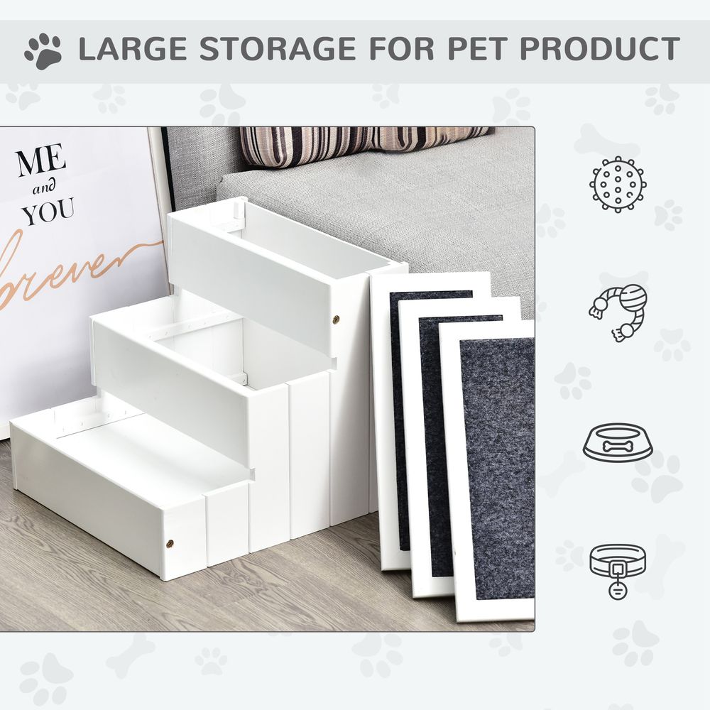 PawHut 3-Step Wooden Pet Stairs with Storage - Cat & Dog Ladder for Beds & Sofas, White