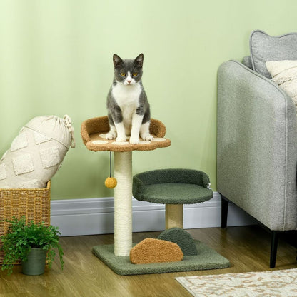 PawHut 52cm Cat Tree for Indoor Cats - Scratching Posts with Two Beds & Toy Ball, Green/Brown/Beige