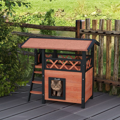 PawHut Outdoor Cat House with Balcony, Stairs & Roof - Brown