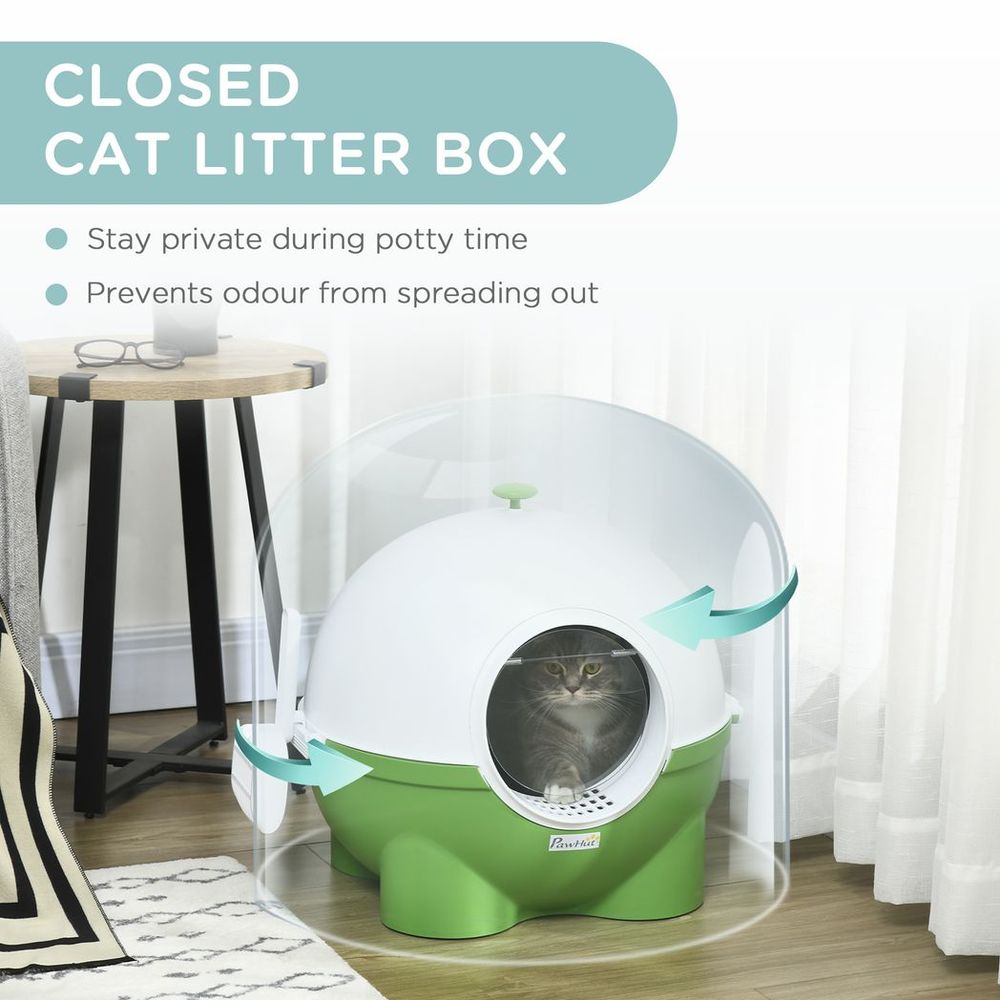 PawHut Large Hooded Cat Litter Box with Scoop - Green & White