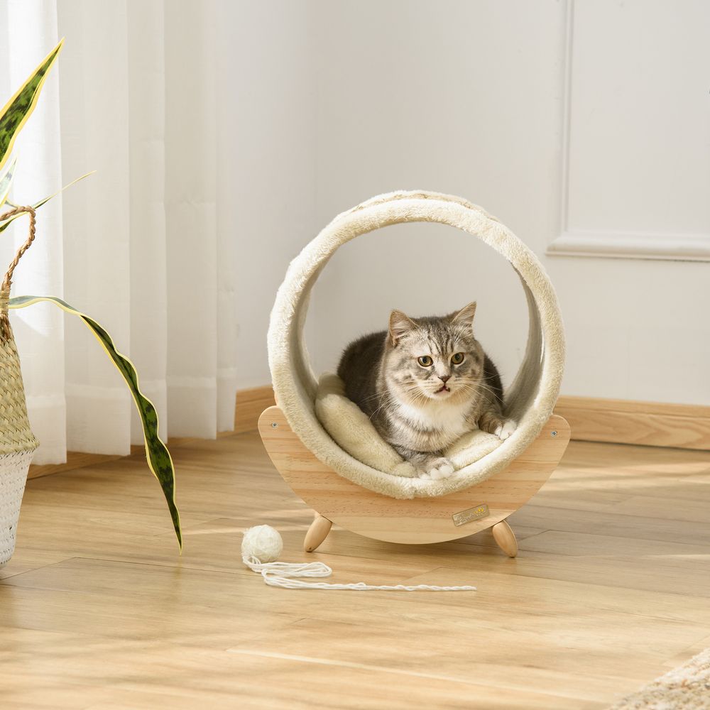 PawHut Elevated Cat House with Scratcher & Cushion - Beige