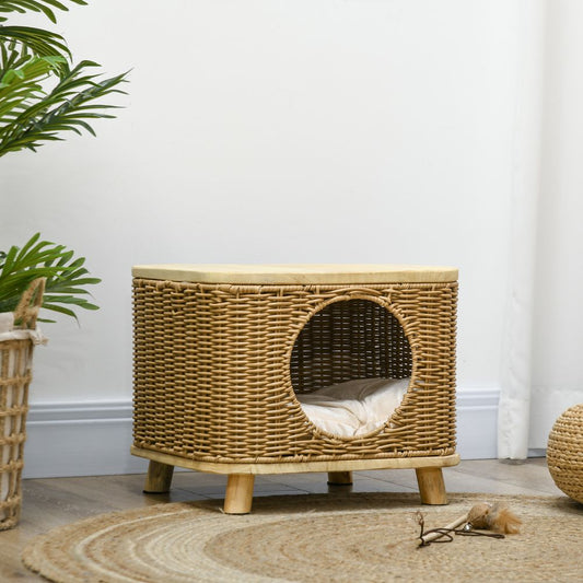 PawHut Elevated Wicker Cat House with Washable Cushion - Light Brown & Beige