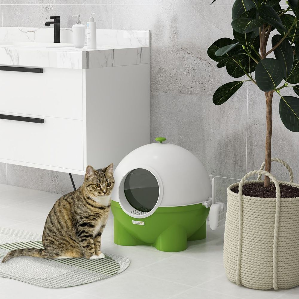 PawHut Large Hooded Cat Litter Box with Scoop - Green & White