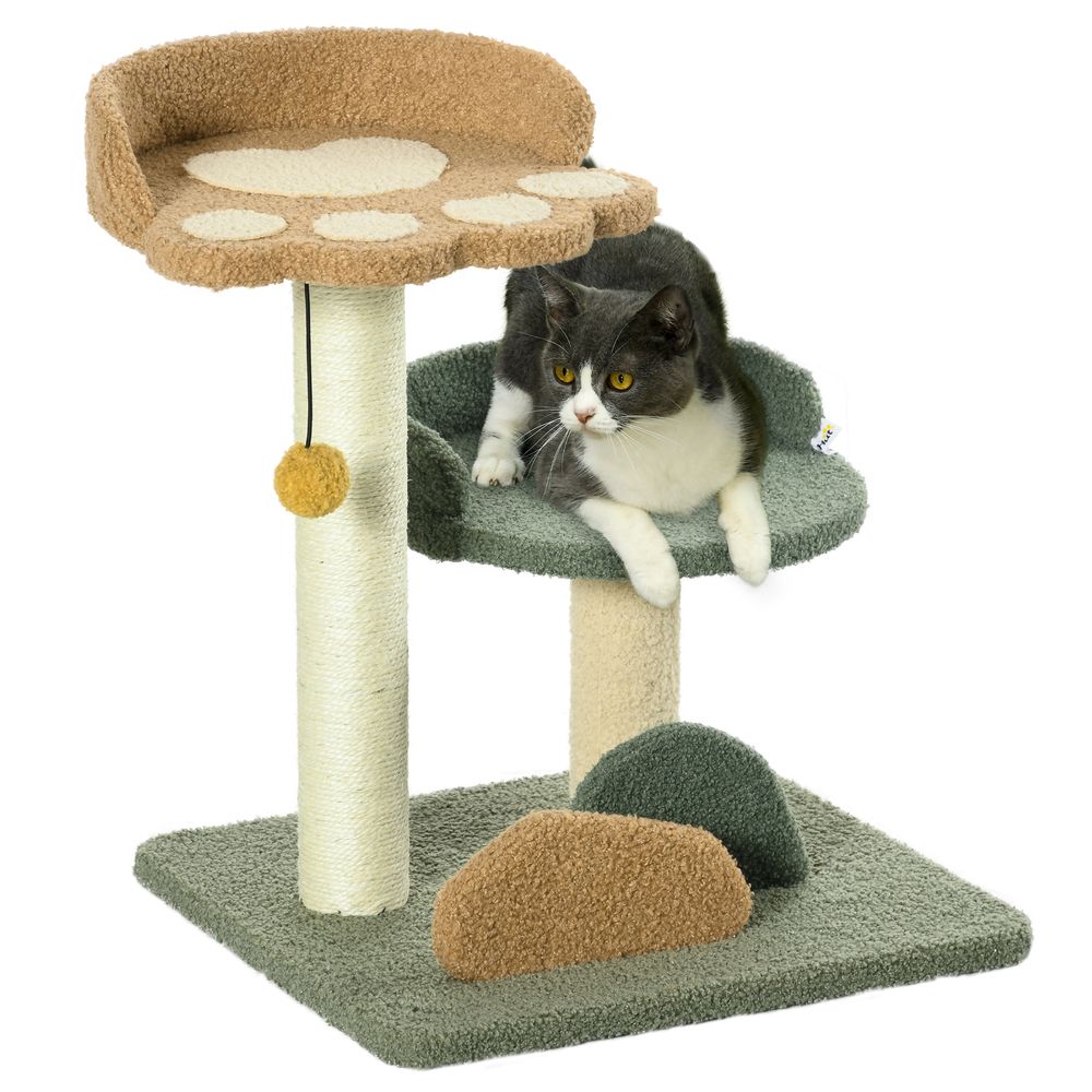 PawHut 52cm Cat Tree for Indoor Cats - Scratching Posts with Two Beds & Toy Ball, Green/Brown/Beige