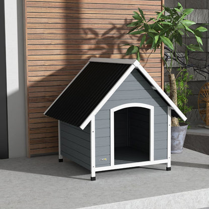 PawHut Outdoor Dog Kennel - Raised Wooden Dog House with Removable Floor, Grey