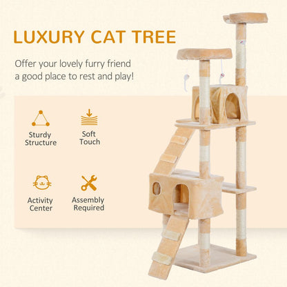 PawHut 170cm Multi-Level Cat Tree with Scratching Posts, Houses, & Toys - Cream