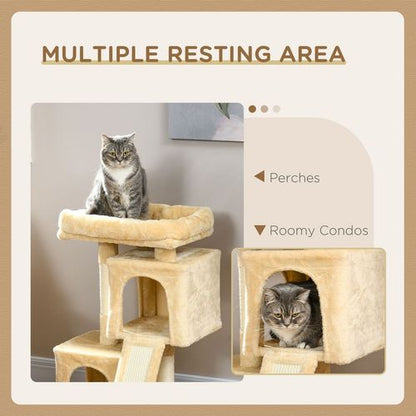 PawHut Cat Tree with Two Houses, Scratching Posts & Perch - Cream White