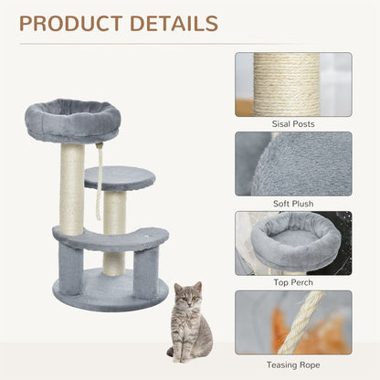 PawHut Cat Tree Scratcher with 2 Perches, Scratching Posts & Hanging Sisal Rope – Grey