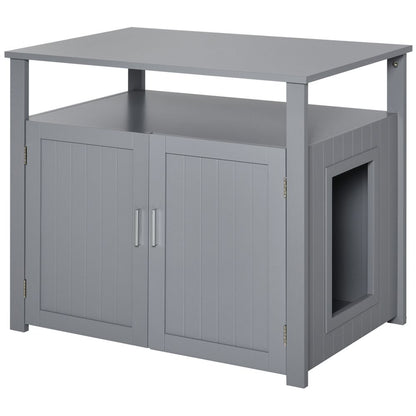 PawHut Wooden Cat Litter Box Enclosure with Adjustable Interior Wall & Storage Shelves - Grey