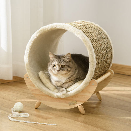 PawHut Elevated Cat House with Scratcher & Cushion - Beige