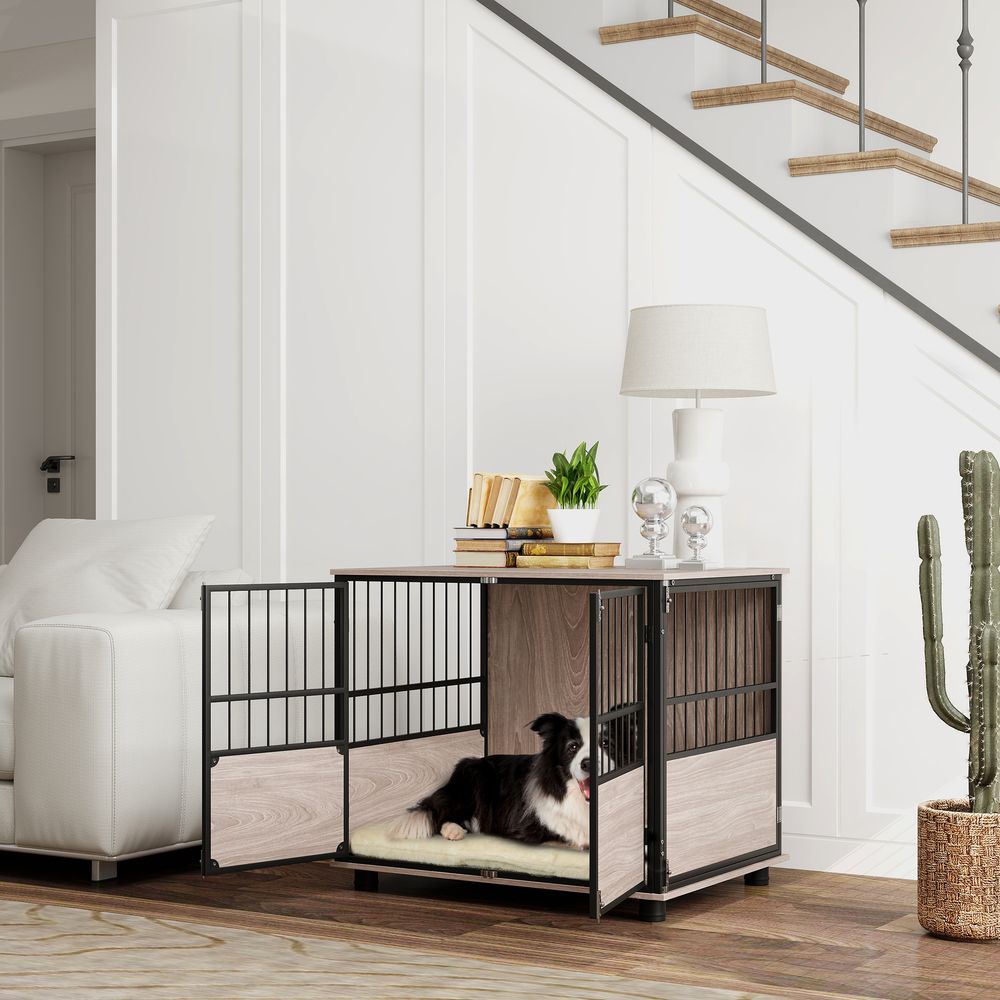 PawHut 80cm Dog Crate Furniture with Cushion & Doors - Side Table Design, Walnut Finish