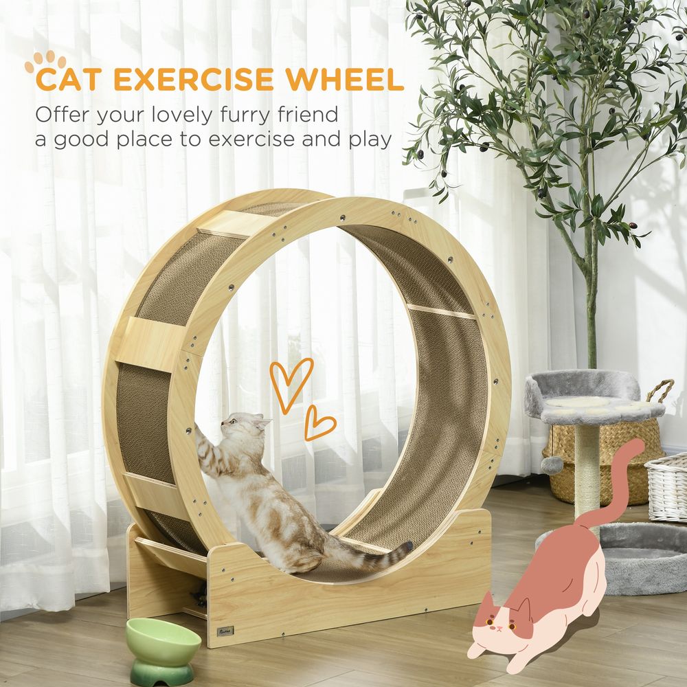 PawHut Cat Wheel with Brake and Scratching Pads - Oak Finish