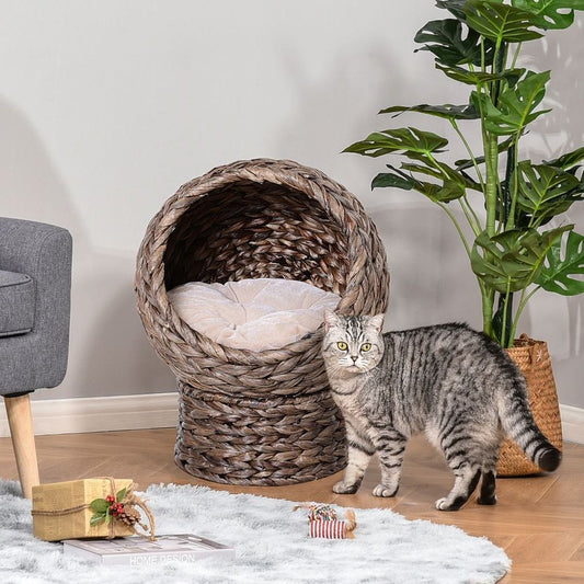 PawHut Wicker Cat House - Raised Cat Bed with Cylindrical Base & Cushion, Dark Brown